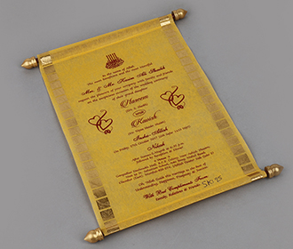 Scroll style wedding card in yellow rectangular box