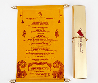Scroll style wedding card in yellow velvet finish with rectangular box