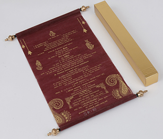 Scroll style wedding invitation card in burgundy with square box