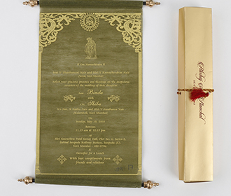 Scroll style wedding invitation card in green with rectangular box