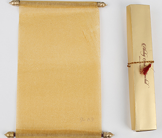 Scroll style wedding invite in golden with rectangular box