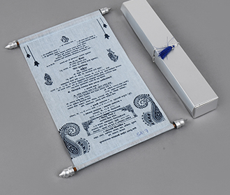 Scroll style wedding invite in light blue with rectangular box