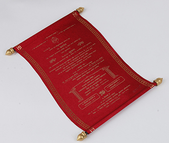 Scroll style wedding invite in maroon satin finish with rectangular box