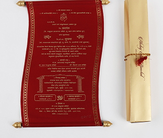Scroll style wedding invite in maroon satin finish with rectangular box