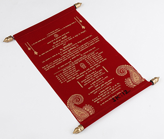 Scroll style wedding invite in maroon velvet finish with rectangular box