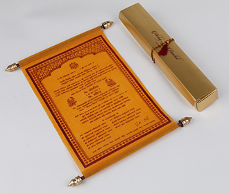 Scroll style wedding invite in Orange with rectangular box