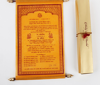 Scroll style wedding invite in Orange with rectangular box - 