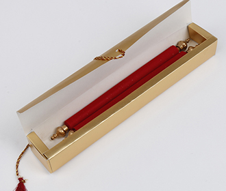 Scroll style wedding invite in red velvet finish with rectangular box