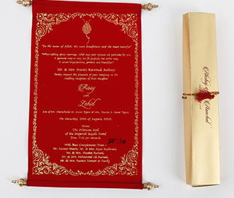 Scroll style wedding invite in red velvet finish with rectangular box - 