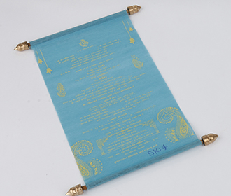 Scroll style wedding invite in sky blue with rectangular box