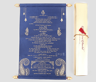 Scroll wedding card in blue satin finish with rectangular box