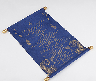 Scroll wedding card in blue satin finish with square box