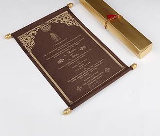 Scroll wedding card in brown satin finish with rectangular box