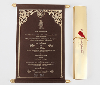 Scroll wedding card in brown satin finish with rectangular box