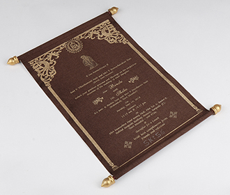 Scroll wedding card in brown satin finish with square box