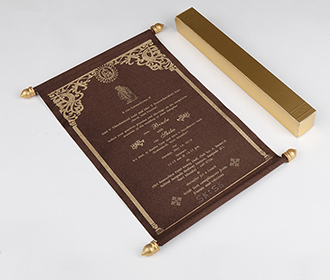 Scroll wedding card in brown satin finish with square box
