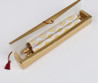 Scroll wedding card in golden satin finish with rectangular box