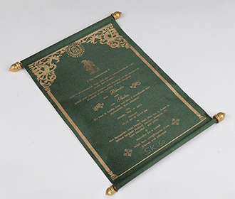 Scroll wedding card in green satin finish with rectangular box