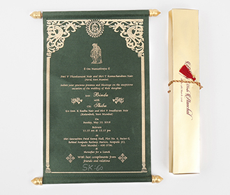 Scroll wedding card in green satin finish with rectangular box