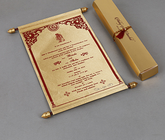 Scroll wedding card in light golden satin finish with rectangular box
