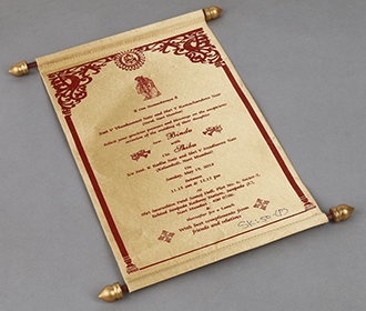 Scroll wedding card in light golden satin finish with rectangular box
