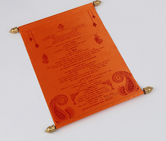 Scroll wedding card in orange satin finish with rectangular box