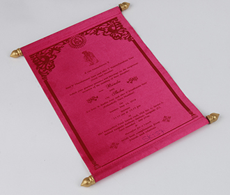 Scroll wedding card in pink satin finish with rectangular box