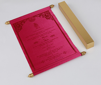 Scroll wedding card in pink satin finish with square box