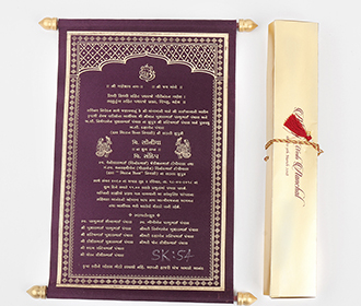 Scroll wedding card in purple satin finish with rectangular box