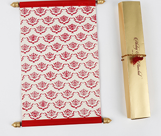 Scroll wedding card in red satin finish with rectangular box