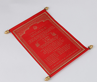 Scroll wedding card in red satin finish with rectangular box