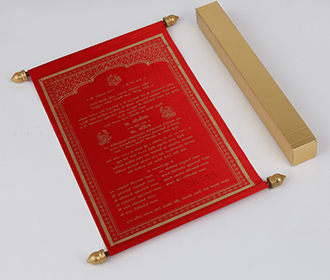 Scroll wedding card in red satin finish with square box - 