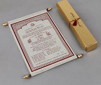 Scroll wedding invitation in cream wooly paper with rectangular box