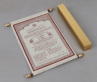 Scroll wedding invitation in cream wooly paper with square box