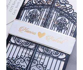 Shimmering Black colour royal gates of the palace wedding invite in laser cut