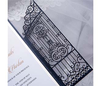 Shimmering Black colour royal gates of the palace wedding invite in laser cut