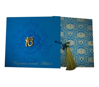 Sikh Designer Wedding Card in Blue with Golden Motifs