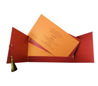 Sikh Designer Wedding Card in Red & Orange with Golden Motifs