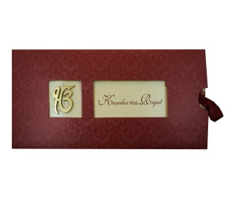 Sikh Wedding Card in Maroon with Pull out inserts in Golden