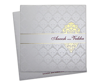 SImple multifaith wedding invite in white and golden