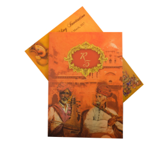 Three-fold design Hindu invite in yellow-orange with traditional images
