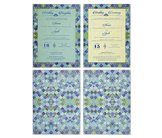 Traditional artistic Indian wedding invite in shade of blue & green