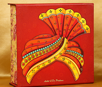 Traditional colorful & vibrant Indian boxed invitation with pagdi design