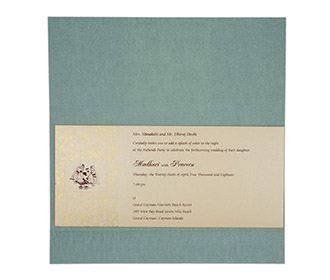 Traditional Ganesha theme wedding invite in metallic blue colour