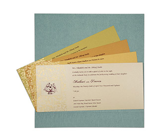 Traditional Ganesha theme wedding invite in metallic blue colour