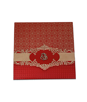 Traditional Hindu wedding invitation in red & golden with Ganesha