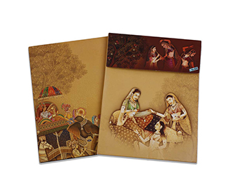 Traditional hindu wedding invite in brown with marriage ritual images