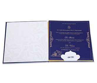 Traditional Indian wedding invitation in royal blue satin finish