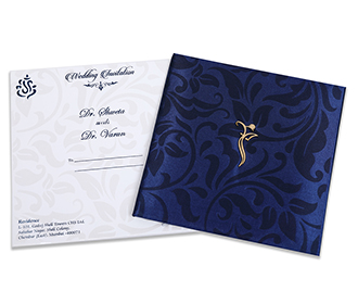 Traditional Indian wedding invitation in royal blue satin finish