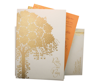 Traditional invite in ivory with golden tree and peacock design